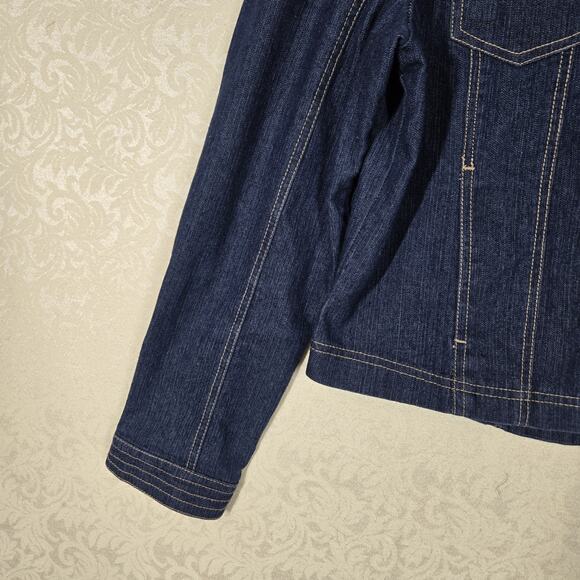 VTG Live A Little Denim Jacket sz L Blue Snap Front Pockets Fitted Top Stitched - Picture 7 of 16
